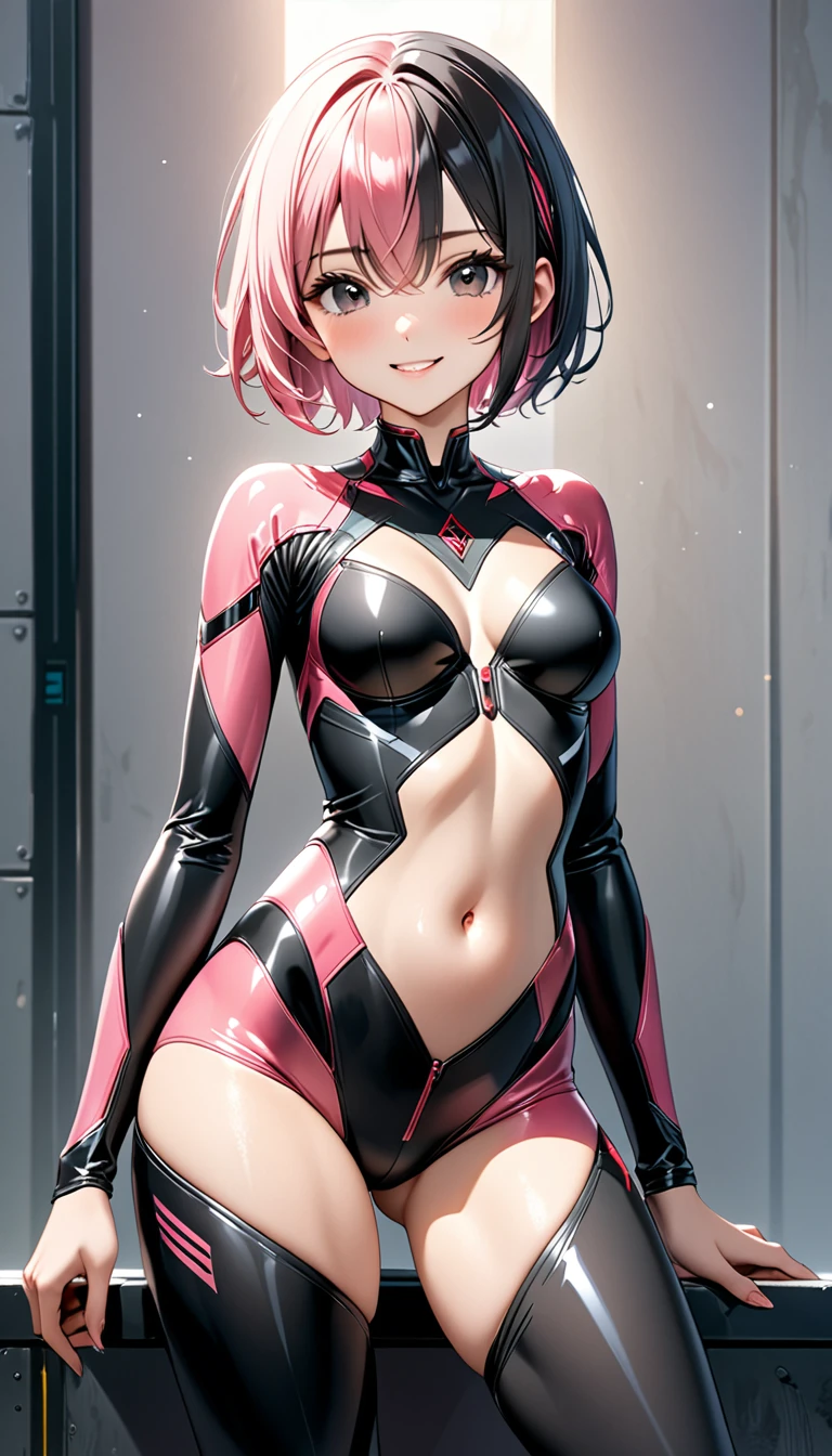 (Highest quality、Masterpiece、Very detailed、4K)、One woman、19 years old、short hair、(Pink hair on the right side、Left half black hair)、Bodysuits、navel、Thighs、side、smile、(front)