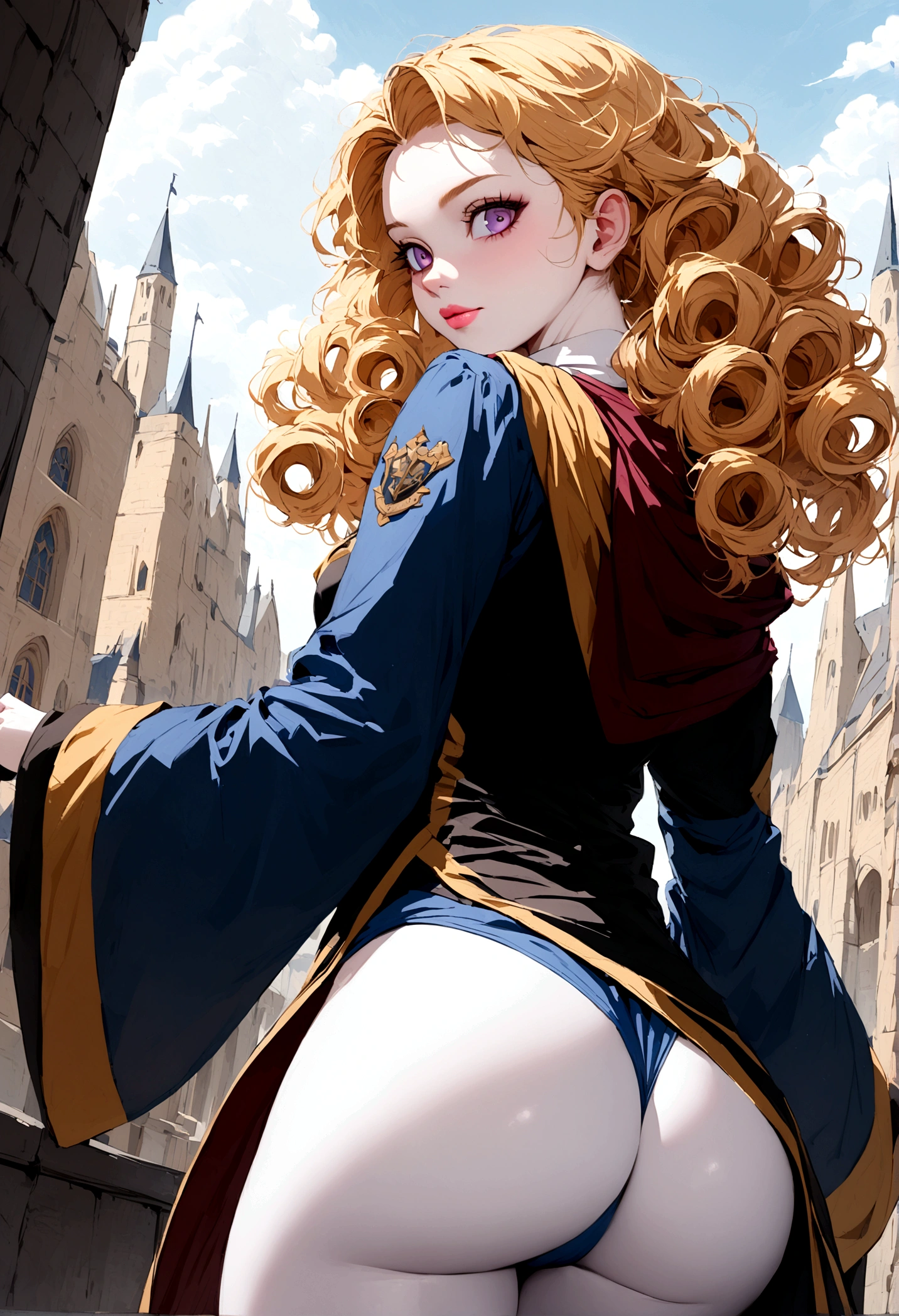 A young girl with curly blonde hair, violet eyes, pale skin, pink lips, wearing the Ravenclaw uniform from the Harry Potter series, with a good view of her butt  