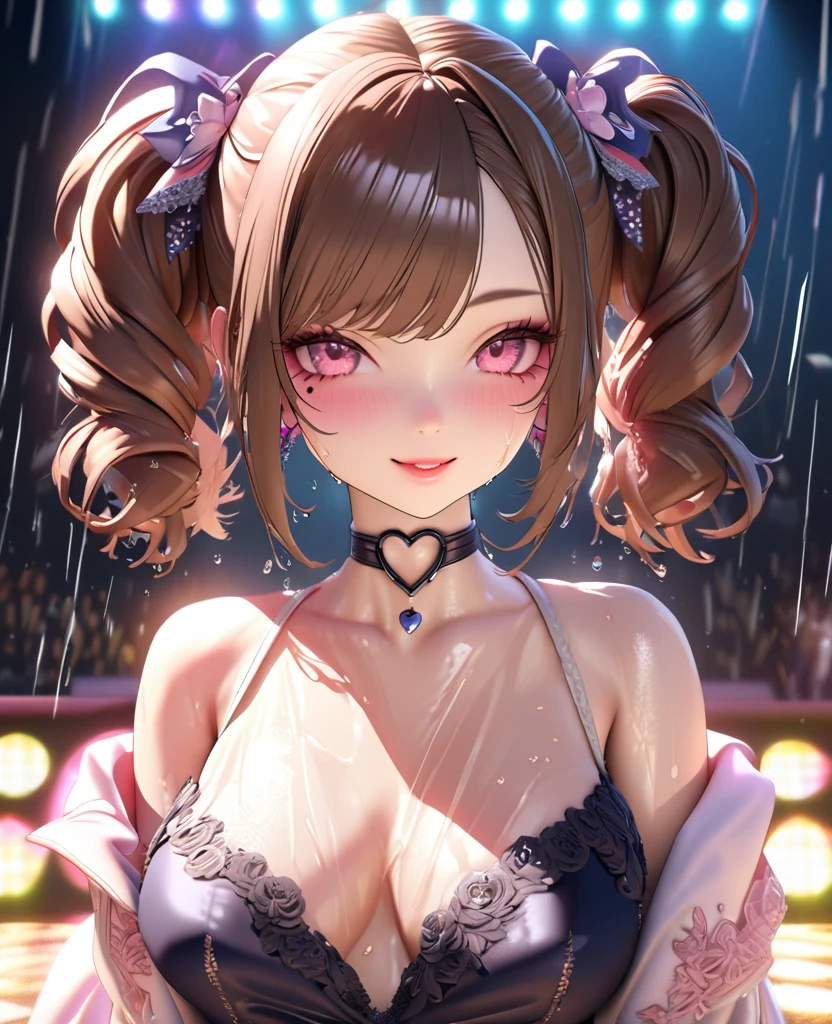one girl, staring at the audience, beautiful pink eyes, brown hair in short twin tails, mole under eye, plump glossy lips, heart shaped choker, idol, her name is Mei, smiling, . . . 3D, realistic, idol's costume was drenched in heavy rain, her chest was wet and see-through, heavy rain at outdoor concert, draped clothes, jewelry and decorations removed, floral patterns, lace trim, glittering on stage, masterpiece, best quality, 8k, detailed skin texture, detailed fabric texture, beautifully detailed face, intricate details, highly detailed, ultra high resolution, 8k Ultra HD, film grain, best shadows, delicate, staring at the audience, front
