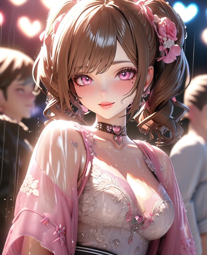 one girl, staring at the audience, beautiful pink eyes, brown hair in short twin tails, mole under eye, plump glossy lips, heart shaped choker, idol, her name is Mei, smiling, . . . 3D, realistic, idol's costume was drenched in heavy rain, her chest was wet and see-through, heavy rain at outdoor concert, draped clothes, jewelry and decorations removed, floral patterns, lace trim, glittering on stage, masterpiece, best quality, 8k, detailed skin texture, detailed fabric texture, beautifully detailed face, intricate details, highly detailed, ultra high resolution, 8k Ultra HD, film grain, best shadows, delicate, staring at the audience, front