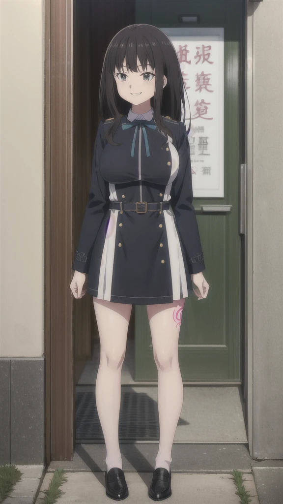 (((Pixel Perfect, Perfect detail))), One Girl, alone, From above, inoue takina, long hair, bangs, black hair, (purple eyes:1.2), shirt, long sleeves, dress, ribbon, , white shirt, collared shirt, belt, neck ribbon, blue dress, green ribbon, pleated dress, grey dress, two-tone dress, blue belt, lycoris uniform, Sitting, (between :1.3), (Showing panties:1.3), whole body