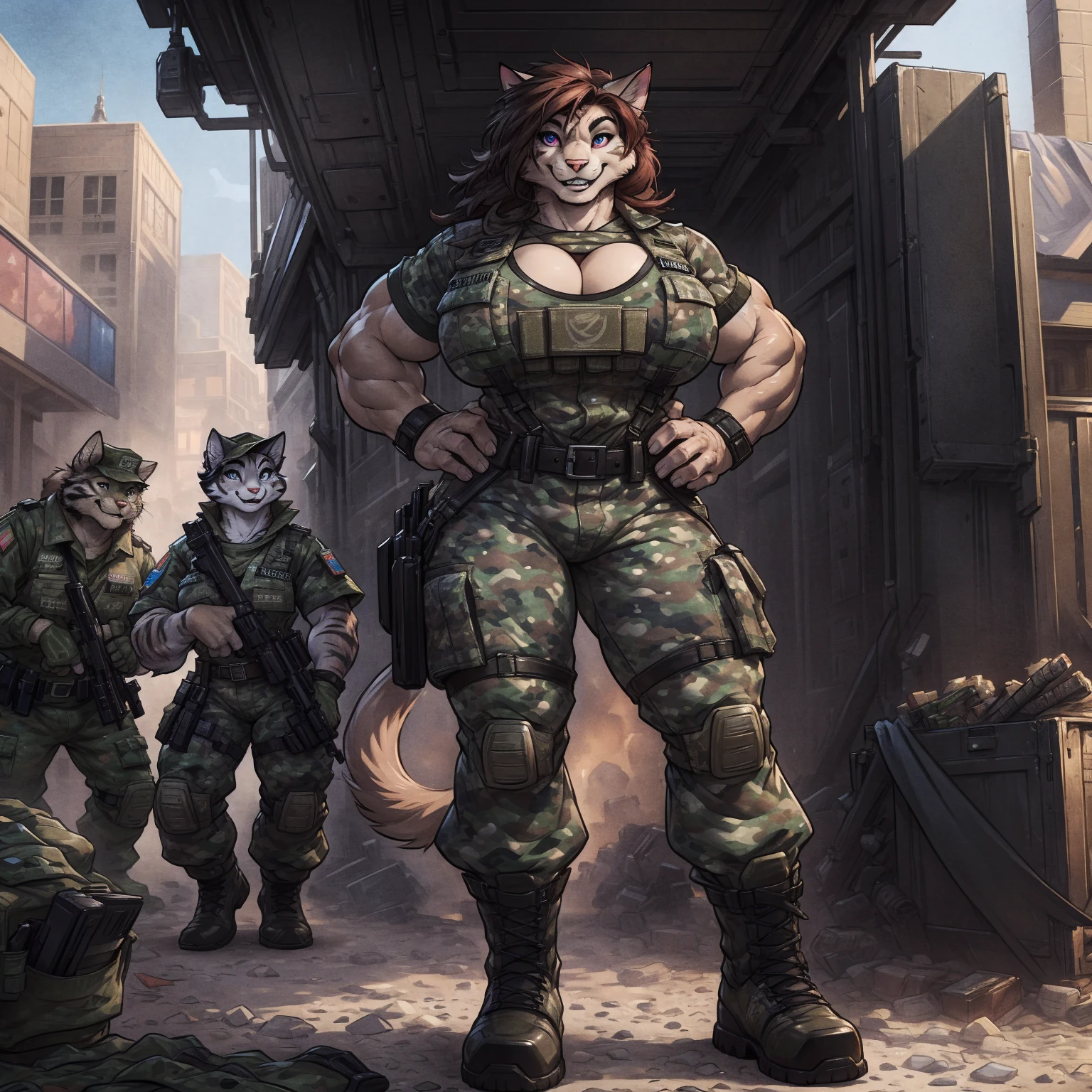 solo, 1girl, feline, cat girl, female, buff, muscular, huge breasts, highly detailed eyes, Amazon, wearing camouflage_uniform, (urban uniform:1.2), military camp, rolled sleeves, shirt, trousers, cleavage, standing upright, combat boots, full body, smiling, friendly, looking at viewer, realistic lighting, by darkgem, by wfa, by bng,