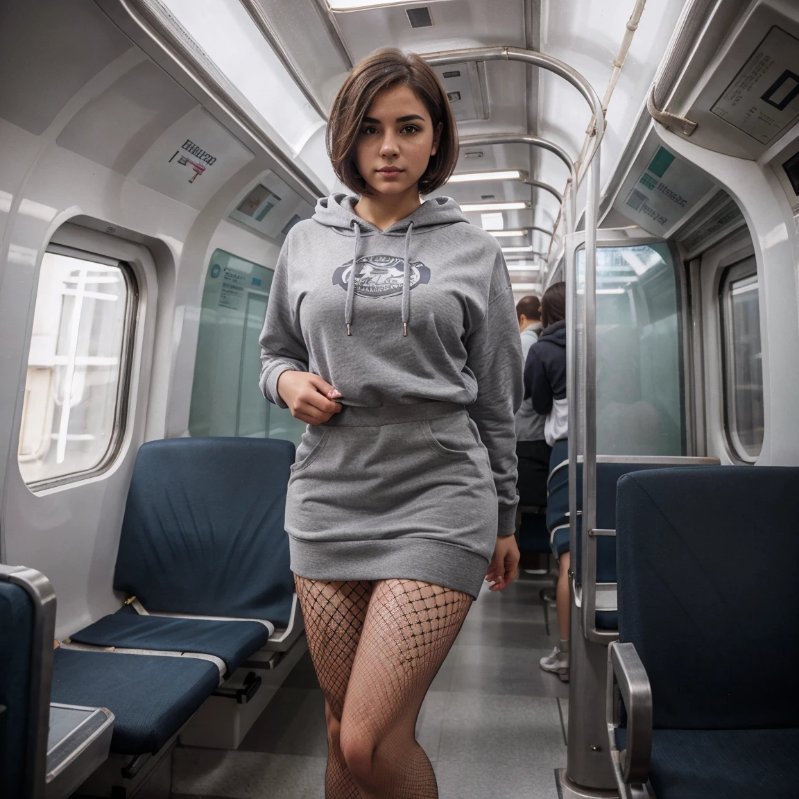 realistic body shape, realistic skin tone, greek girl, short bob hairstyle short, brunette, inside a train, wearing skirt and fishnets, grey hoodie