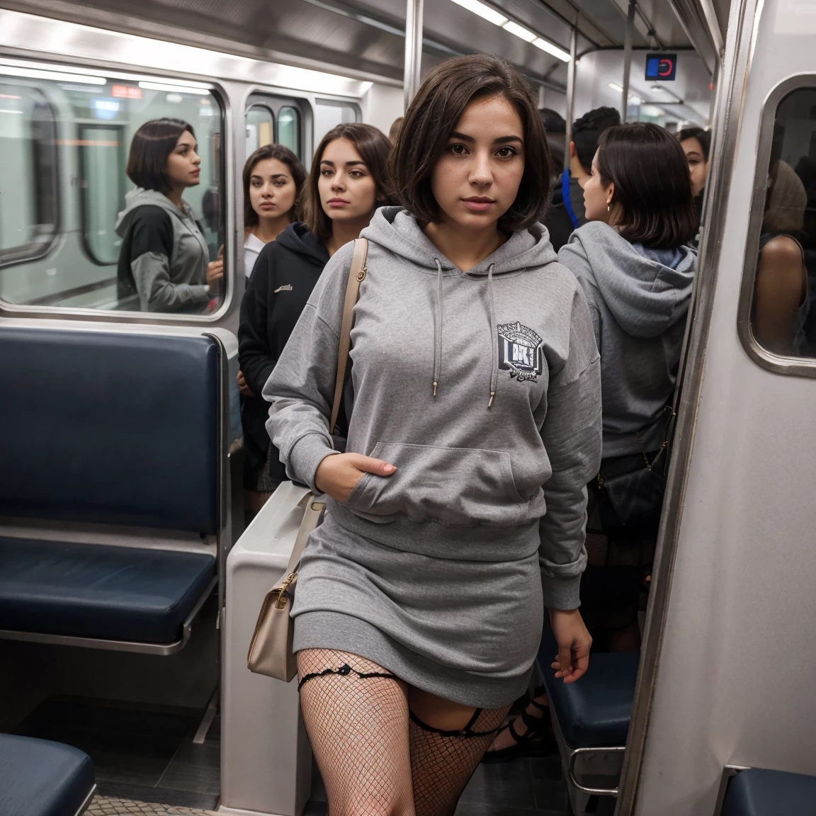 realistic body shape, realistic skin tone, greek girl, short bob hairstyle short, brunette, inside a train, wearing skirt and fishnets, grey hoodie