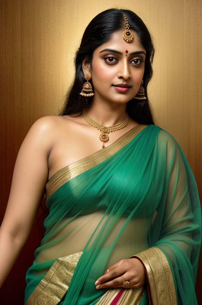 Beautiful painting of a woman in a sari with a necklace and earrings, looks like Sandeepa Dhar, inspired by Raja Ravi Varma, szukalski ravi varma, portrait of a beautiful goddess, by Raja Ravi Varma, indian goddess, traditional beauty, a stunning portrait of a goddess, inspired by T. K. Padmini, indian art, indian goddess of wealth, portrait of a goddess, bulky figure, fleshy woman, skin pores, thick figure, attractive beauty, stunning beauty, 