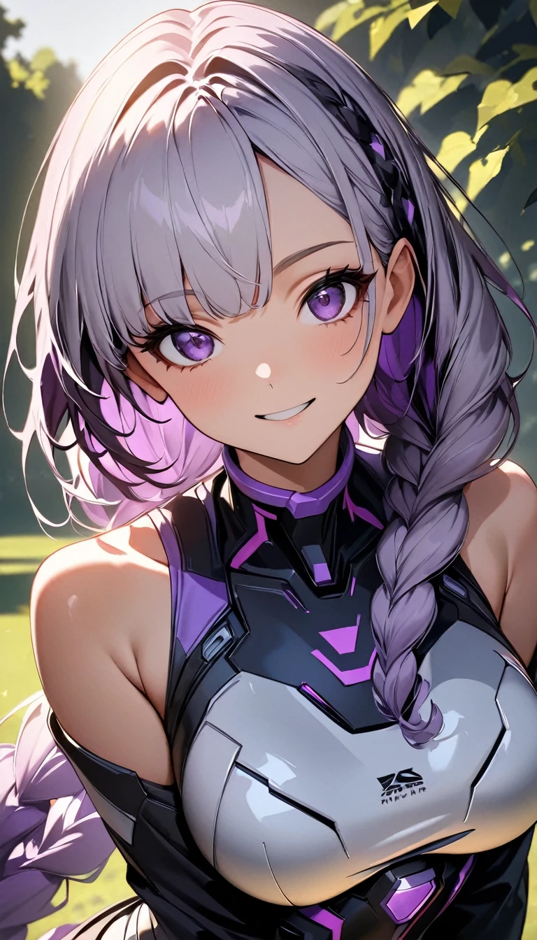 (Highest quality:1.2, Very detailed, High detail, High Contrast, masterpiece:1.2, Highest quality, Best aesthetics), 1 female, Cyber Suit, The sleeves are separated, Bare shoulders, ((Gray Hair:1.4, Purple bicolor hair, Braided long hair, White and purple hair accessories:1.2, Dark purple bangs:1.1, Asymmetrical bangs)), Purple eyes, double eyelid, Detailed face, Loose braid, smile:1.2, Indifference, kind, Front view, turn around, 肩ごしのsmile, (((Backwards, Vsain:1.2))), Lush green park, erupt:1.2, White cloud, Wide-angle lens.