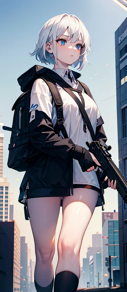 a beautiful young girl with medium-sized br easts, white hair, wearing a backpack,cinematic lighting, pho torealistic, extremely detailed, 8k, high resol ution, best quality, masterpiece，Holding a gun，Blue Eyes