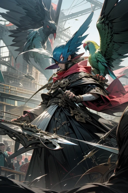 horror style,masterpiece,best quality,super detailed, super fine illustration, highly detailed, dynamic angle,dynamic scene, beautiful detailed, 8k, In the afternoon サーカス, BREAK colorful parrots and parakeets are flying in the sky or perching on 風船.masked man,clown,Persona,Doppelganger,mimicry,comedy,tears,perfect face,perfect hands,holding_knife,