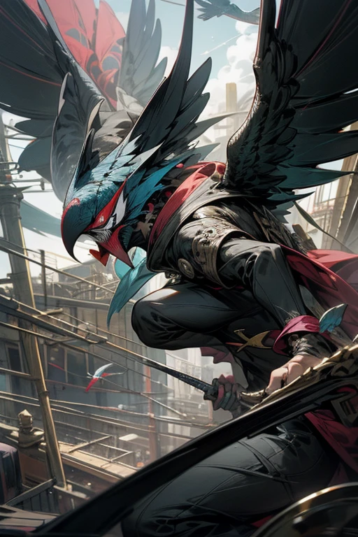 horror style,masterpiece,best quality,super detailed, super fine illustration, highly detailed, dynamic angle,dynamic scene, beautiful detailed, 8k, In the afternoon サーカス, BREAK colorful parrots and parakeets are flying in the sky or perching on 風船.masked man,clown,Persona,Doppelganger,mimicry,comedy,tears,perfect face,perfect hands,holding_knife,