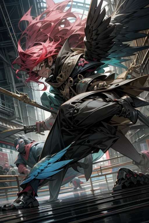horror style,masterpiece,best quality,super detailed, super fine illustration, highly detailed, dynamic angle,dynamic scene, beautiful detailed, 8k, In the afternoon サーカス, BREAK colorful parrots and parakeets are flying in the sky or perching on 風船.masked man,clown,Persona,Doppelganger,mimicry,comedy,tears,perfect face,perfect hands,holding_knife,