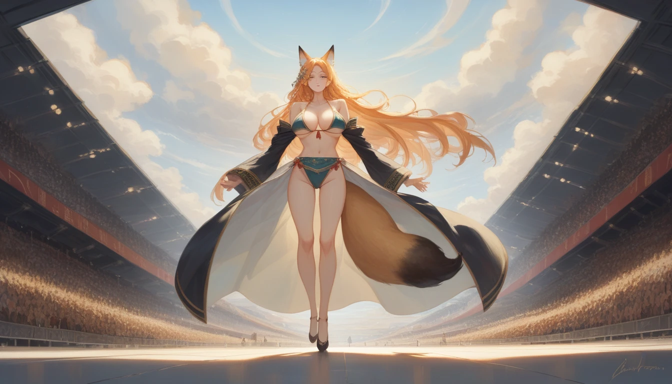长发动漫女孩和fox, Beautiful black fox lady, 白毛fox, Beautiful character painting, Beautiful anime portrait, fox耳朵的女孩, a beautiful fox woman, Ancient mysterious style artwork, guweiz, by Ren Renfa, fox, Large Breasts,Full breasts,Golden ratio figure,Perfect body,Ultra wide-angle shooting,Full body shot,Body close-up,Look at the audience,Wearing a tulle bikini,Soft anime illustration, Soft dark background,Fujifilm XT3 Clear focus, f 5.6, High Detail, Clear focus, Dramatic, (Wearing openwork clothing), (Looking at the audience:1.8), (Natural light), (Tempting)