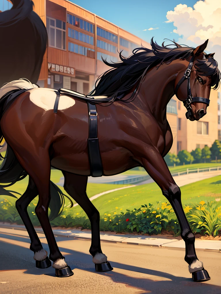 a stallion black color horse feral((perfect anatomy)), big butt((perfect precision)), Long black hair((perfect precision),green eyes((perfect precision)), bara, With two balls between legs((perfect resolution)), furry macro((perfect precision)), 4K