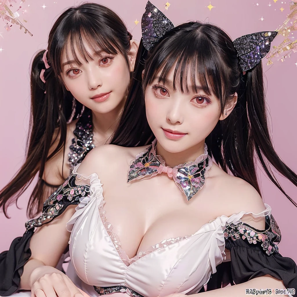 (8k, Tabletop, Highest quality, Highest quality, Official Art, 息を呑むようなbeautyと美学, Very detailed, The greatest masterpiece ever made, 息を呑むほどbeautiful照明:1.2), (1 Girl, alone), (), (beautiful detailed face), (Glowing White Skin), (beautiful big bust, Cleavage:1.3), (Thighs), (beautiful detailed pink twintails hair, bangs:1.3), (Beautiful delicate droopy pink eyes:1.5), (beautiful Gorgeous black Princess Dress es, Intricate see-through black lace, Black cute ribbon, Plenty of sheer black frills, Sheer chiffon material, Silver Thread, diamond, Black Corset), (beautiful Gorgeous diamonds Tiara), (happy beautiful Gentle cute innocent smile:1.2), (Charm, wonderful, beautiful, elegant, Gorgeous, grow, Eye-catching, 究極のbeauty, Supreme beauty, 最上級のbeauty, elegant, beauty, elegant, Everyone loves it, beauty that fascinates everyone, I was healed, 最高レベルの完全なbeauty, Cute like an idol, Stylish like a fashion model, Graceful like a goddess, The Beloved, Adorable, Looking at the camera, Cute pose, Happy), Nice views, (ultra detailed realistic Breathtakingly beautiful Gorgeous Kaleidoscope:1.2), (Glitter effect:1.5), (beautiful fantastic black fairy wings:1.3)