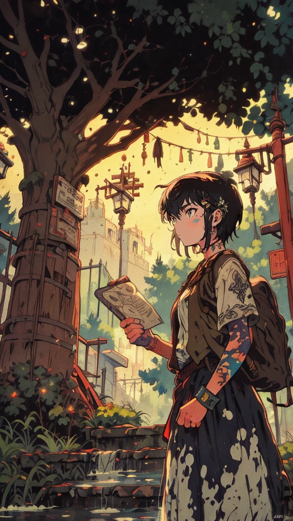 Tattos, A determined ager investigates a local legend in a small mountain town, following a trail of strange symbols etched into ancient trees. Mysterious, suspenseful, investigative, fantasy world, dark background, clean design, epic, artstation, colorful paint splatter, silhouette, hyper detailed intricate details, unreal engine, fantasy, splash screen, complementary colors, deviantart masterpiece, oil painting, heavy strokes, paint dripping, indifferent expression