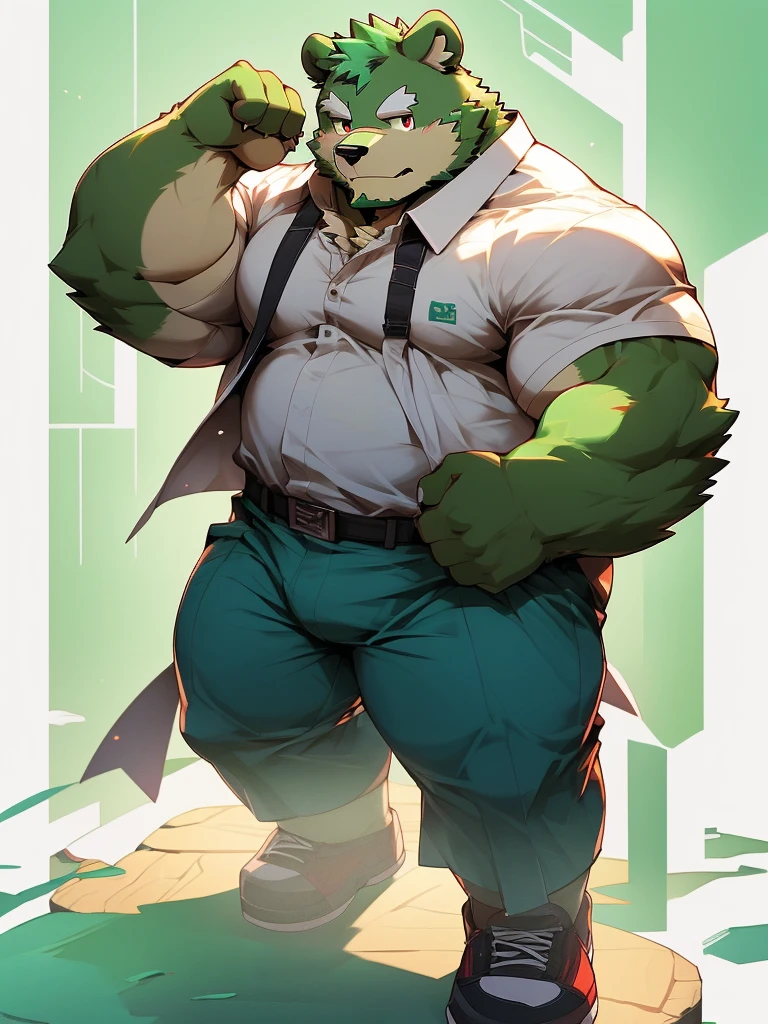 masterpiece, high quality, anime, detailed eyes, male jinpei, anthro, bear, Great physique, strong arms manly, (((green bear))), (((green fur))), green hair, beard, white eyebrows, bald, detailed red eyes, tall, Joyful, by zixiong, epic composition, Realistic lighting, HD details, Best Quality, (extremely detailed CG unified 8k wallpaper), (masterpiece:1.2), (best quality:1.3), cyan polo shirt, blue pants, black shoes, (((full body))), simple background, (((daniel cat from sanrio)))