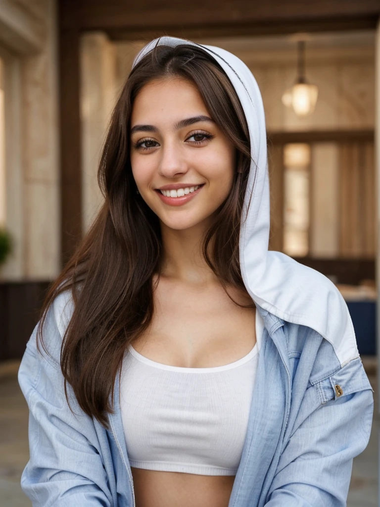 `one cute women, 20YO, white, Arab, cute face, realistic brown eyes, blue jacket, brown hair, cute smile, skinny face, white realistic teethes, big eyes, long hair