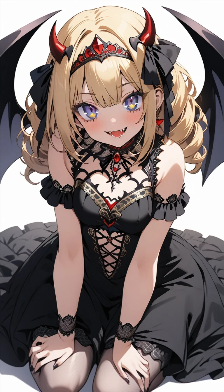 score_9, score_8_up, score_7_up, best quality ,masterpiece, 4k, Japanese anime, 1girl, (medium length hair:1.2), Fishnet tights, drill hair, blonde hair, smallest breasts, (eye lashes:1.3), (eye shadow:1.3), blue eyes, (beautiful detailed eyes:1.4), laugh, full body, original character, fantasy, (demon wing:1.5),(White background:1.2), beautiful fingers, (blue gold lace frill Gothic dress:1.5), (red tiara:1.5) ,(head ribbon:1.5),shoot from front, looking at viewer,