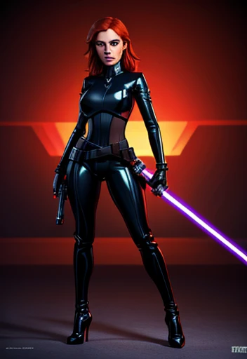 (best quality,8k:1.2,high resolution:1.2), (Detailed face:1.2), (Detailed eyes:1.2), (Perfect figure:1.2), dramatic pose, dynamic action, glowing lights, neon colors, cinematic lighting, photorealistic, 8k, best quality, masterpiece, ultra-detailed, physically-based rendering, ultra-detailed,Physically-based rendering,sharp focus, conceptual artists, vintage science fiction, Star Wars based environment, long eyelashes, a full body shot of a woman (Mara Jade). She's wearing a tight shiny black suit, gloves, silver utility belt and high-heel boots. She’s holding a purple lightsaber,