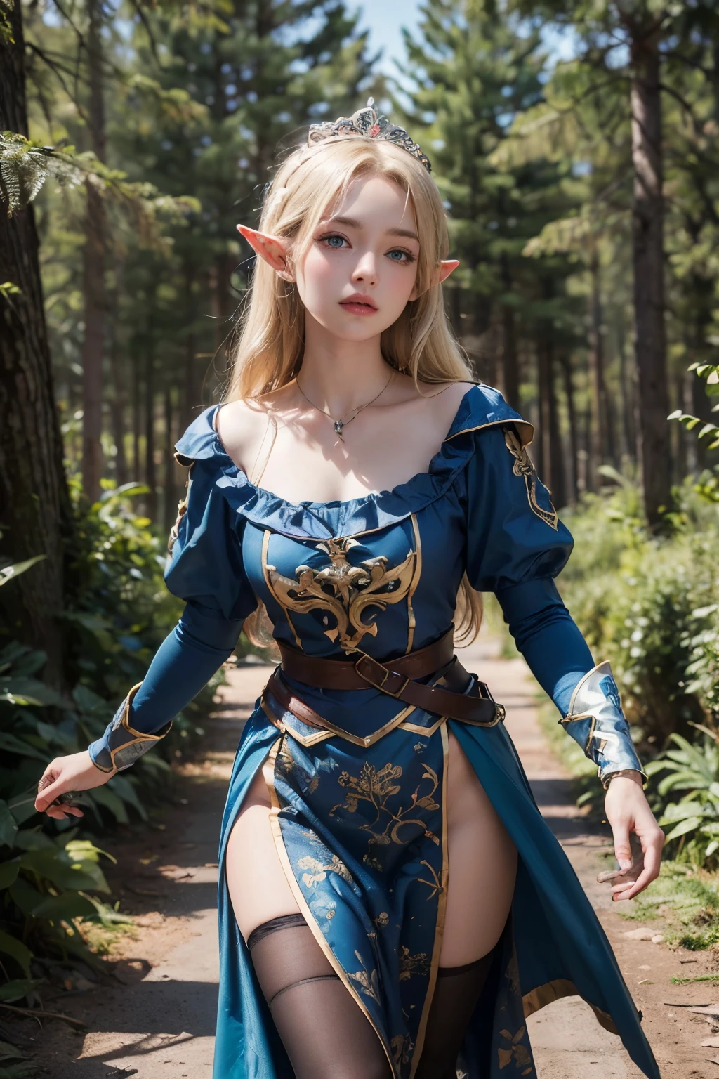 Elf,(8k, RAW Photos, highest quality, masterpiece:1.2),Super detailed,blonde,blue eyes,RPG,princess,battledress,moving,in forest