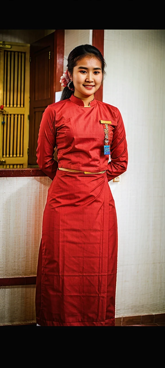 Myanmar is a beautiful hospital nurse, with red longyi .