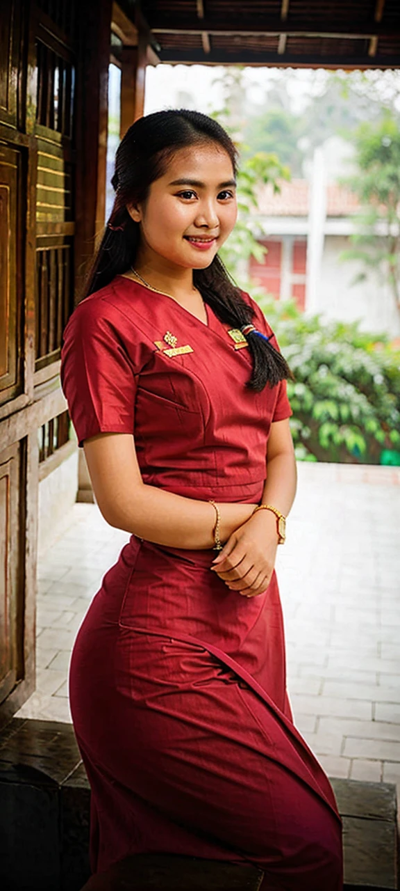 Myanmar is a beautiful hospital nurse, with red longyi .
