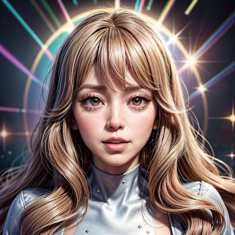 NSFW, 8k, High-level, absurd, masterpiece, best quality, primitive, very detailed CG, very detailed wallpaper, perfect lighting, Extremely detailed ((( personifying " Farrah Fawcett Majors " as a Little Girl))), MysticSight, Tyndall effect, Tyndall scattering, (Studio gray background with (Overflowing oodles Dazzling RainbowColorParticles (BokeH))), (RoundlyButts, ThighGap), (Exposed:0.4), (Assfocus with looking ahead) BREAK (Acutance:0.88), (NOGIZAKA face variations) Extremely Detailed very KAWAII face variations, perfect anatomy, Childish, CaptivatingGaze ElaboratePupils detailed Eyes with (sparkling highlights:1.28), (Voluminous LongEyelashes、GlossyRED Lips with beautiful details, RosyCheeks, Radiant PearlSkin with Transparency . { (Dynamic LifeLike expressions:1.4) | :d) }, (large eyes:-1) .
