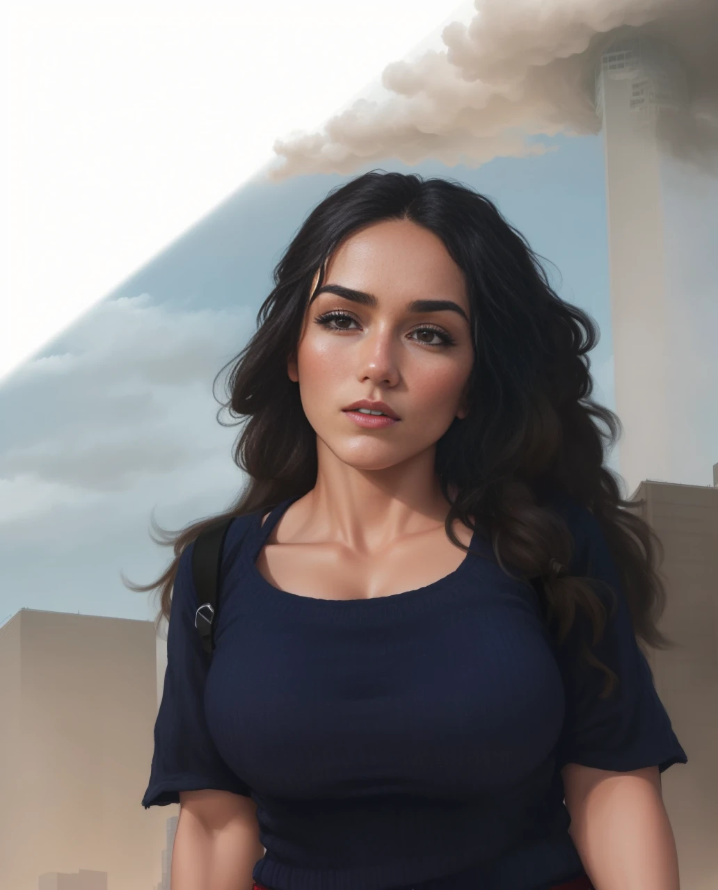 "A towering Giantess in a cool and laid-back hippie style is rocking a crop top and baggy pants. Her toned and athletic build hints at her massive strength. She seems to be casually strolling through the bustling cityscape of GTS City, as towering buildings loom overhead. Smoke and clouds roil around her, adding to the sense of epic scale and drama. The lighting is dark, gloomy, and realistic, creating a tense and ominous atmosphere. The perspective is from below, emphasizing the sheer majesty and power of the Giantess."