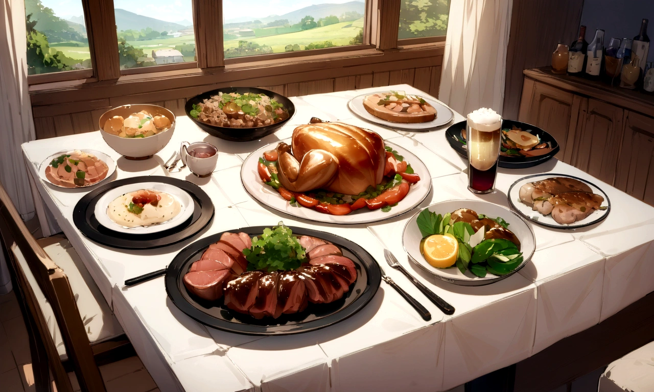 ((((masterpiece, Best Quality, High resolution)))), High detail, manga，anime，Illustrated style，Use of bright colors， long square dining table,White tablecloth，White tableclothがかけられたテーブルに載せられている料理のアップ,The table top fills the entire screen, In the center of the screen, a large selection of food is displayed on a table.,A sumptuous dinner on the table，wine，Beer ，Meat dishes，Food and tableware for six, The evening sunlight is streaming in through the window、A sparkling drink in the sunlight, No humans， RPG-like scenery, テーブルの上にはBeer やwineや美味しそうな食べ物が載せられている, Create a magical and cozy atmosphere, Bright daytime atmosphere.