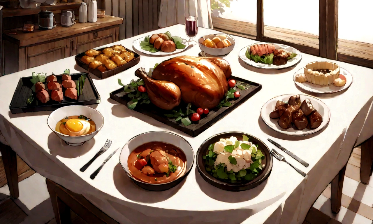 ((((masterpiece, Best Quality, High resolution)))), High detail, manga，anime，Illustrated style，Use of bright colors， long square dining table,White tablecloth，White tableclothがかけられたテーブルに載せられている料理のアップ,The table top fills the entire screen, In the center of the screen, a large selection of food is displayed on a table.,A sumptuous dinner on the table，wine，Beer ，Meat dishes，Food and tableware for six, The evening sunlight is streaming in through the window、A sparkling drink in the sunlight, No humans， RPG-like scenery, テーブルの上にはBeer やwineや美味しそうな食べ物が載せられている, Create a magical and cozy atmosphere, Bright daytime atmosphere.