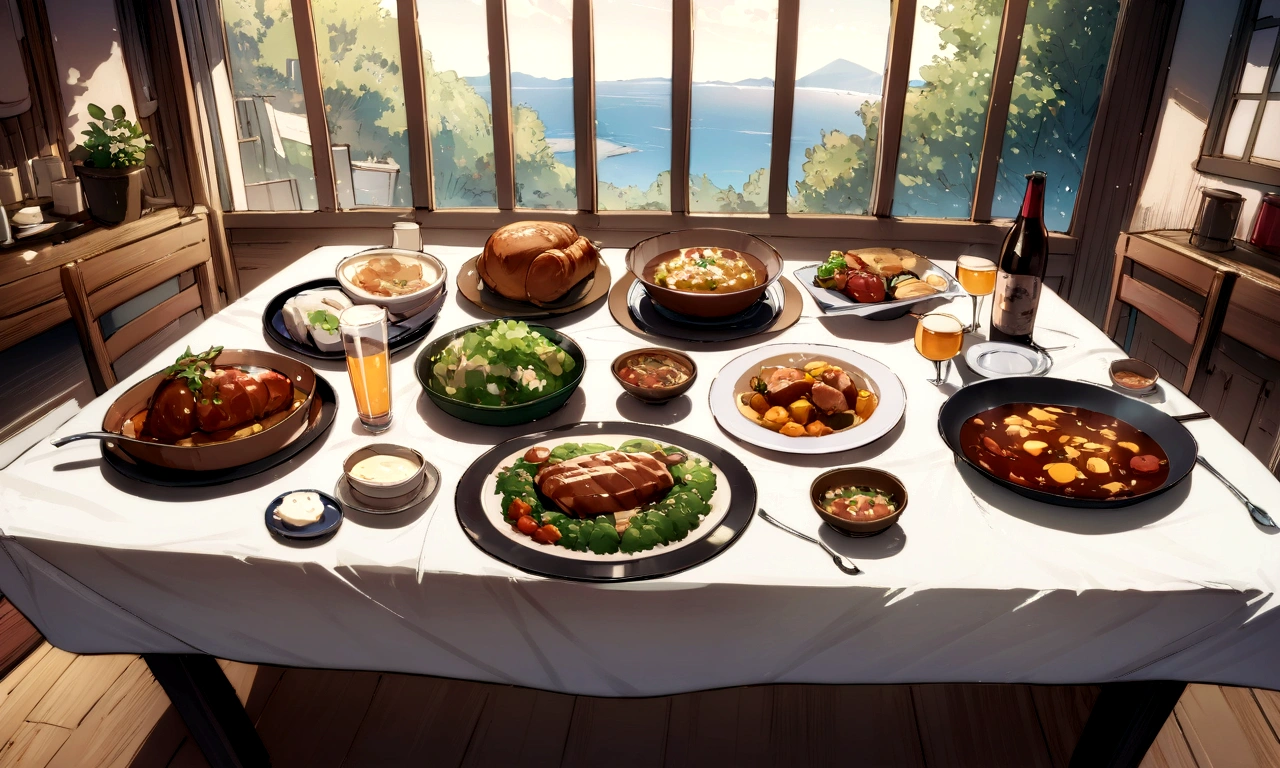 ((((masterpiece, Best Quality, High resolution)))), High detail, manga，anime，Illustrated style，Use of bright colors， long square dining table,White tablecloth，White tableclothがかけられたテーブルに載せられている料理のアップ,The table top fills the entire screen, In the center of the screen, a large selection of food is displayed on a table.,A sumptuous dinner on the table，wine，Beer ，Meat dishes，Food and tableware for six, The evening sunlight is streaming in through the window、A sparkling drink in the sunlight, No humans， RPG-like scenery, テーブルの上にはBeer やwineや美味しそうな食べ物が載せられている, Create a magical and cozy atmosphere, Bright daytime atmosphere.