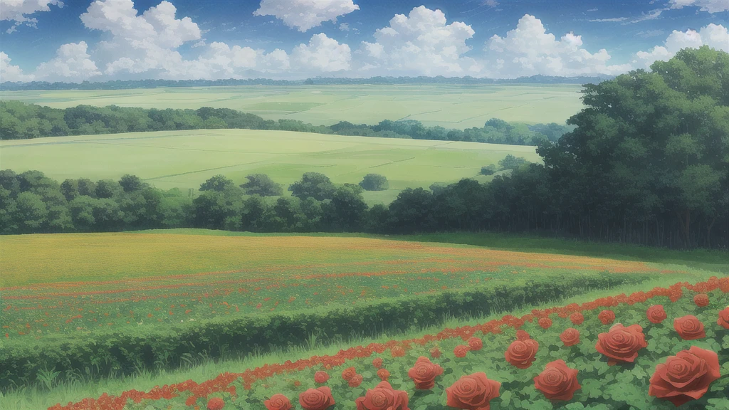 The scenery is a forest, green fields, nice, blue sky, heart-pattern clouds, and red roses.
