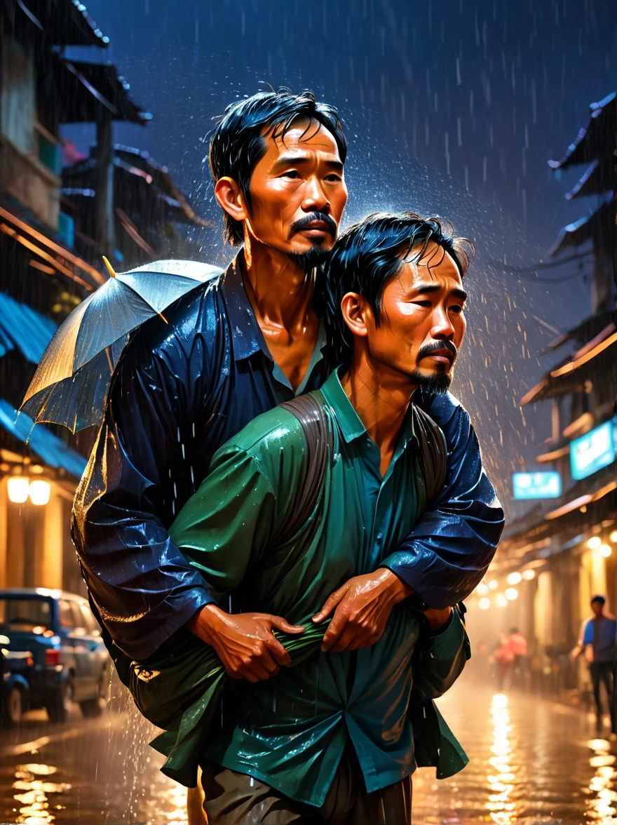 An emotional portrait capturing the essence of a father carrying his ailing on his back, journeying through the stormy night and pouring rain. The bond between them is palpable in the midst of adversity, showcasing the strength, love, and determination of a parent in the face of challenges. vietnam, backgound night city light, cinematic, illustration
