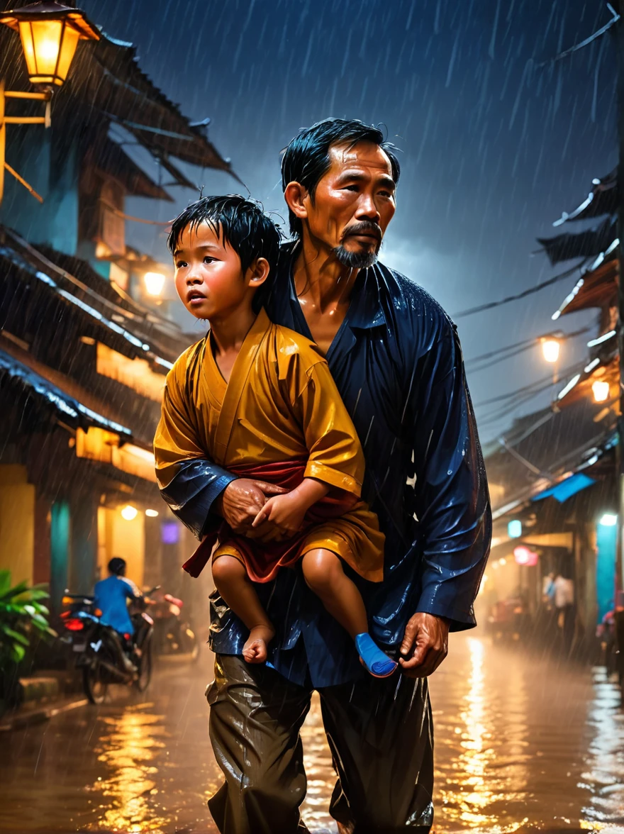 An emotional portrait capturing the essence of a father carrying his ailing  on his back, journeying through the stormy night and pouring rain. The bond between them is palpable in the midst of adversity, showcasing the strength, love, and determination of a parent in the face of challenges. vietnam, backgound night city light, cinematic, illustration