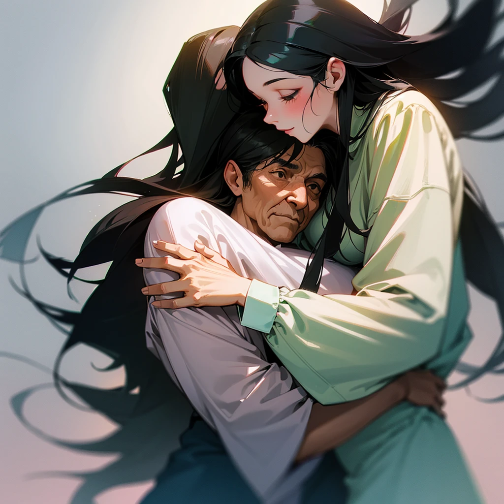 A young woman with long black hair, 18 years old, embracing a slightly elderly man in his 60s