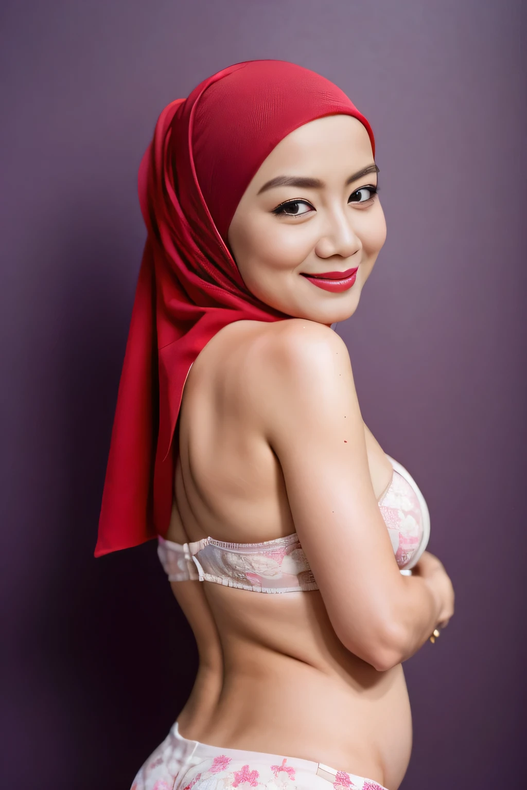 (Happy smile), (((HIJAB MALAY GIRL))), masutepiece, High quality, UHD 32K, Realistic face, Realistic skin feeling , A Japanese Lady, 8 *********, , Very cute and baby-like face, (((FLAT CHEST))), (Night time at forest), ((look In front  at the camera and SADNESS)), ((())), (((CUTE GIRL))), ((RED LIPS)), ((Floral Pattern)) little wearing strapless bra, strapless colorful bra, dark night background , black forest night, horror scary place (from behind up) seductive pose