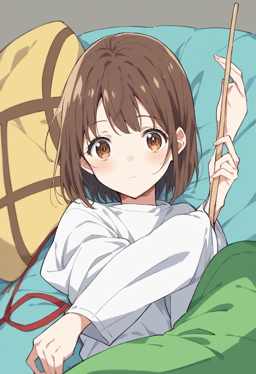 Anime girl with brown hair and a white shirt holding a stick, Anime Moe Art Style, Anime Styleに, Anime Styleのポートレート, Anime Style, Chihiro! fujisaki, フラットなAnime Styleシェーディング, Subtle anime style, 🤤 Portrait of a Girl, Another Iwakura, sayori, Semi-realistic anime style, Anime art style, by Kamaguruka