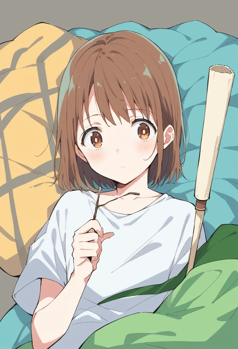 Anime girl with brown hair and a white shirt holding a stick, Anime Moe Art Style, Anime Styleに, Anime Styleのポートレート, Anime Style, Chihiro! fujisaki, フラットなAnime Styleシェーディング, Subtle anime style, 🤤 Portrait of a Girl, Another Iwakura, sayori, Semi-realistic anime style, Anime art style, by Kamaguruka