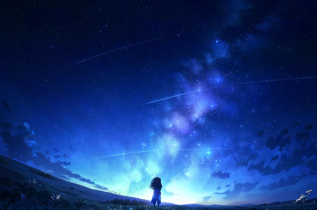 starry night sky with a person standing on a hill looking at the stars, cosmic skies. by makoto shinkai, star(sky) starry_sky, anime movie background, 4k anime wallpaper, starry sky 8 k, beautiful wallpaper, starry sky, amazing wallpaper, anime wallpaper 4k, anime wallpaper 4 k, makoto shinkai!