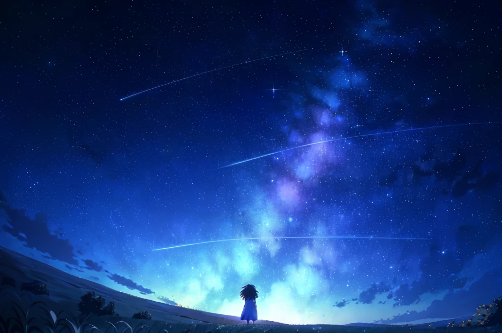 starry night sky with a person standing on a hill looking at the stars, cosmic skies. by makoto shinkai, star(sky) starry_sky, anime movie background, 4k anime wallpaper, starry sky 8 k, beautiful wallpaper, starry sky, amazing wallpaper, anime wallpaper 4k, anime wallpaper 4 k, makoto shinkai!