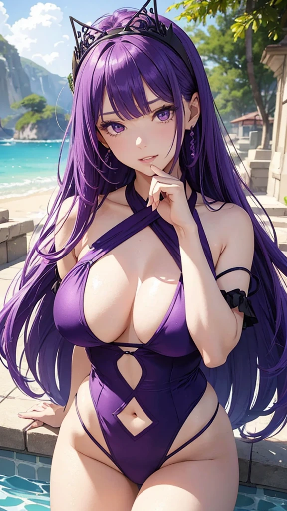A girl wearing a purple high-cut swimsuit, Purple Hair、Purple Eyes、Bangs、tiara, scenery, Sexy expression, ((Very detailed)), (Perfectly detailed face), (Detailed and well-drawn hand) Photorealistic images.
