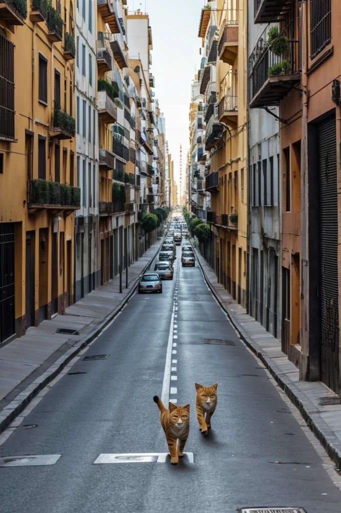 Dos felinos con rasgos humanos caminando por la ciudad