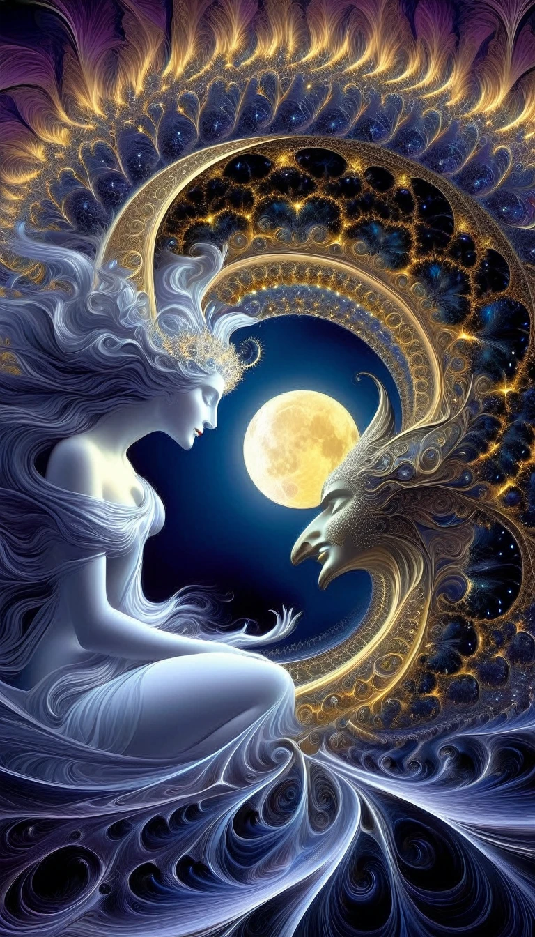 the famous love affair between Goddess of the moon Selene and mortal Endymion, fractal art, classic painting