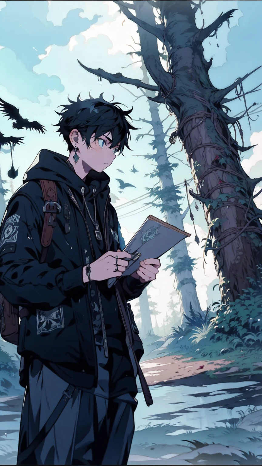 Tattos, A determined teenager investigates a local legend in a small mountain town, following a trail of strange symbols etched into ancient trees. Mysterious, suspenseful, investigative, fantasy world, dark background, clean design, epic, artstation, colorful paint splatter, silhouette, hyper detailed intricate details, unreal engine, fantasy, splash screen, complementary colors, deviantart masterpiece, oil painting, heavy strokes, paint dripping, indifferent expression
