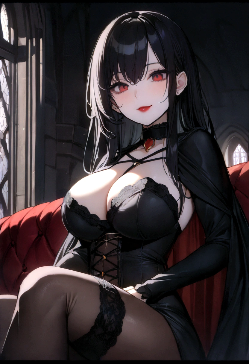 ((pose sexy sit on couch)) ((Sexy, tall beautiful vampiress)) ((pale skin)) ((dark eyeshadows make up)) ((bright red lipstick)), ((devilish smile)) (()) ((big bright red eyes)) ((long straight black hair)) ((big breasts:1.6)) ((slender body:1.3)) ((wear black strapless corset, long dress, very long sleeves)) ((stocking)) ((choker, cape)) (()) (()) ((insife medieval Castle)) ((high definition:1.5), ((pale lights)) ((masterpiece:1.5))((8k:1.5)) ((Best quality:1.4))
