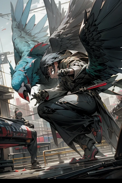 horror style,masterpiece,best quality,super detailed, super fine illustration, highly detailed, dynamic angle,dynamic scene, beautiful detailed, 8k, In the afternoon サーカス, BREAK colorful parrots and parakeets are flying in the sky or perching on 男の肩.masked man,comedy,perfect face,perfect hands,holding_knife,
