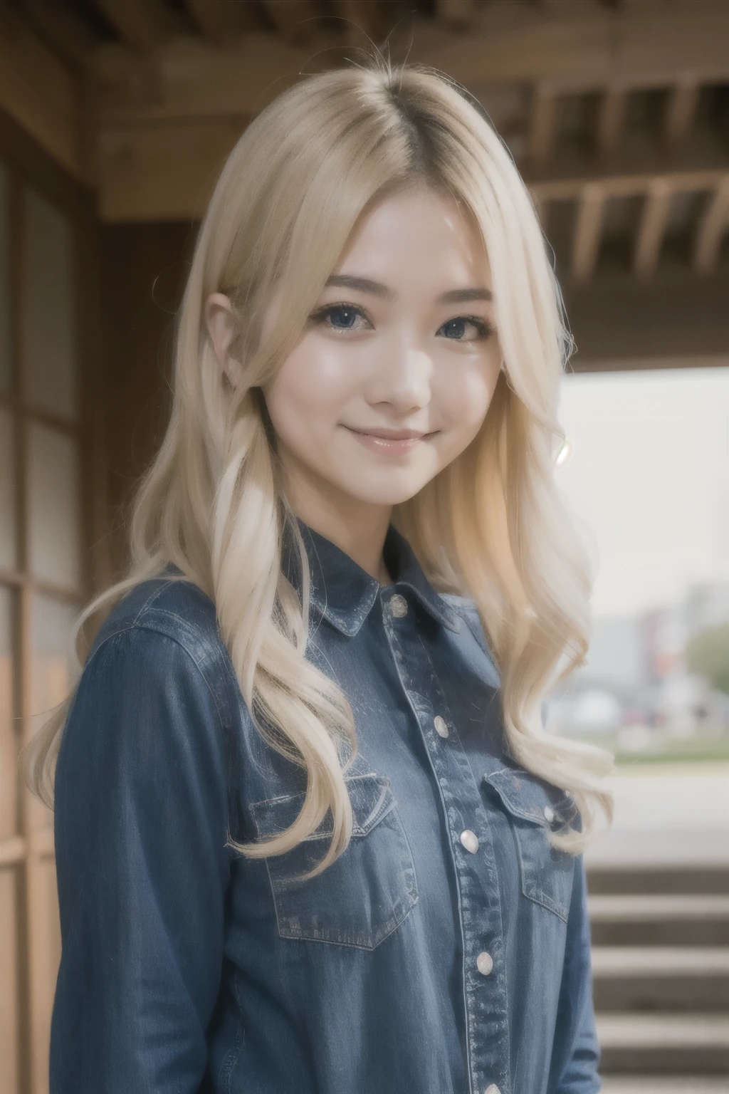 Studio Light, Depth of written boundary, Upper Body, thin, cute顔, smile, Beautiful details in the eyes, 19 year old Japanese, cute, Voluminous curls and warm blonde color, Plaza, casual