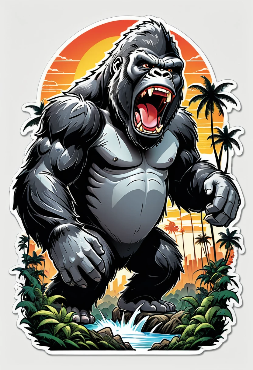 (((a sticker))), (((white background))),splash art, intricately detailed t-shirt design ready for print , 2d, ONE angry wild shouting furious  HUGE KING KONG in foreground, Jungle sunset at the background, vibe detailed design for streetwear and urban style t-shirts design, pro vector, (cel-shading style:1.3), inkpunk, (ink lines:1.1), strong outlines, bold traces, high contrast, (cel-shaded:1.1), vector, 32k resolution, best quality, flat lights,vector t-shirt art ready for print, intricate rich extremely complex ornaments illustration, extremely detailed and complex illustration, high detail, clean lines style, intricate high details, (((white plain background)))