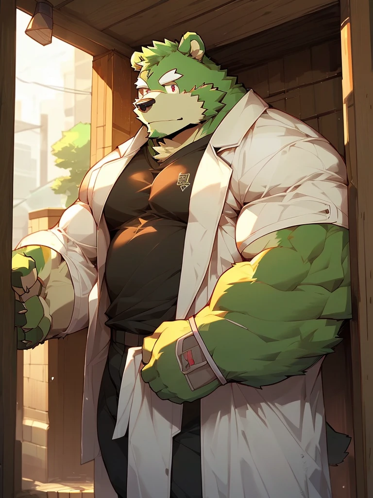 masterpiece, high quality, anime, detailed eyes, male jinpei, anthro, bear, Great physique, strong arms manly, Casual suit, (((green bear))), (((green fur))), green hair, beard, white eyebrows, bald, detailed red eyes, tall, Joyful, (black t-shirt inside), (((white unhooded trench coat ))), by zixiong,