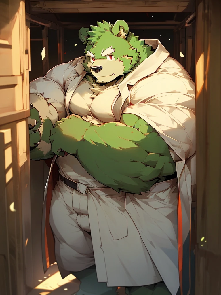 masterpiece, high quality, anime, detailed eyes, male jinpei, anthro, bear, Great physique, strong arms manly, Casual suit, (((green bear))), (((green fur))), green hair, beard, white eyebrows, bald, detailed red eyes, tall, Joyful, (black t-shirt inside), (((white unhooded trench coat ))), by zixiong, 