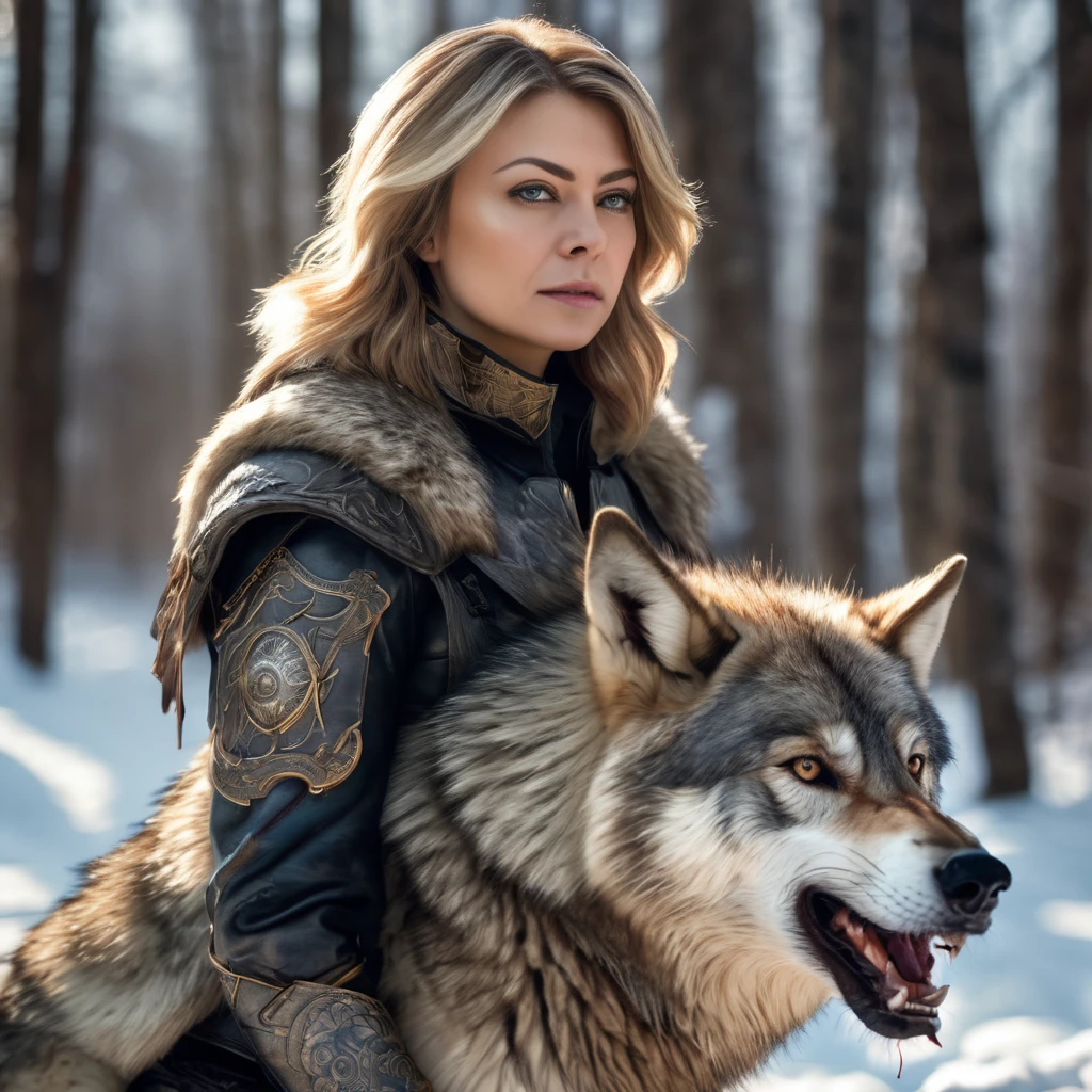 4k highly detailed realistic digital extremely high quality RAW photograph, a portrait photo of Nataliya Poklonskaya that lived with wolves her whole life is now leading them to battle. torn clothes exposing (nude:1.4) body, armored pauldrons, fangs, curled horns, big breasts, ((snow and blood)), ((wolf tattoos)), epic, hyperrealistic, hyperrealism, 8k, cinematic lighting, greg rutkowski, wlop, (f1.8 short focus bokeh)